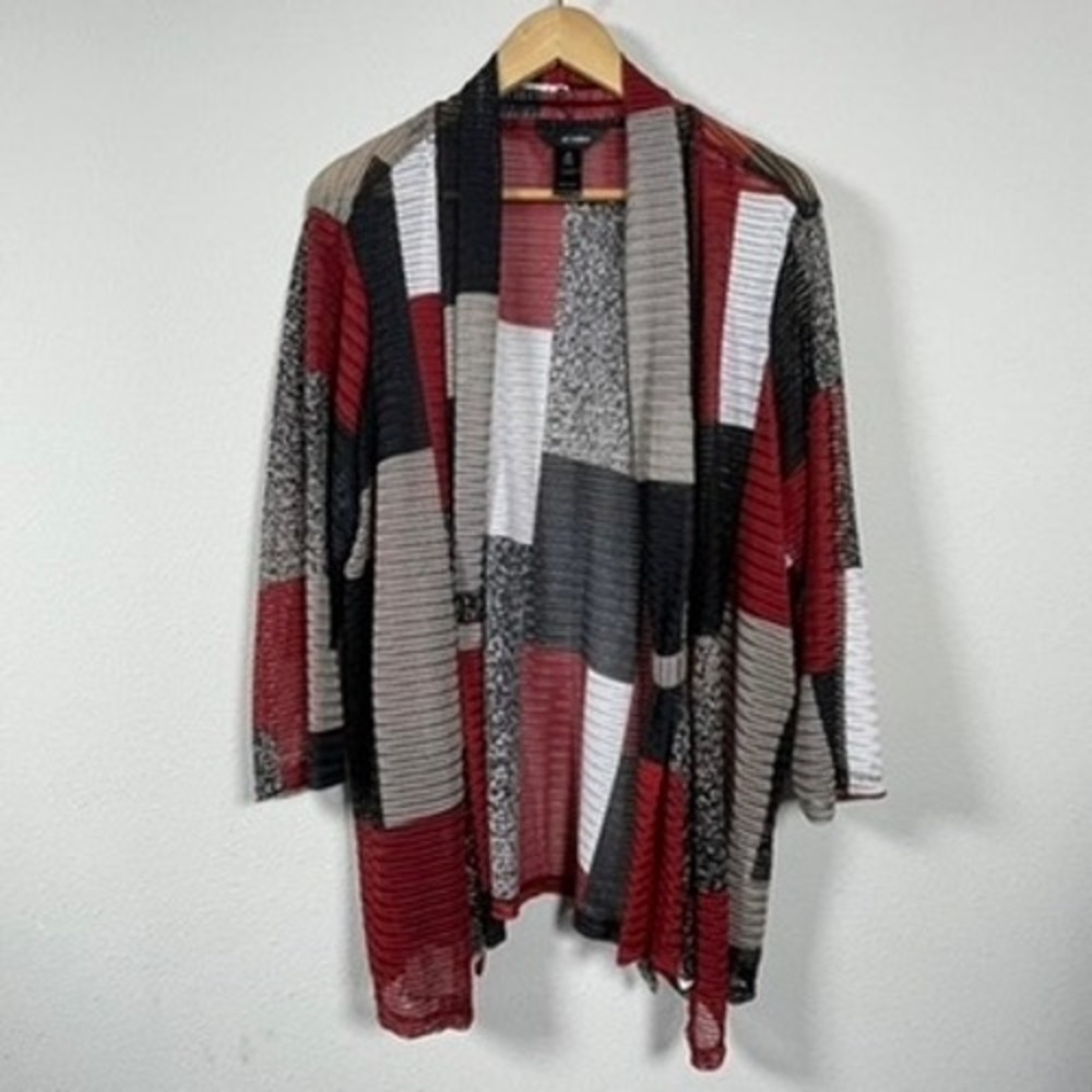 Ali Miles Cardigan Womens 2X Red Black Patchwork Open Front Mesh Excellent Art